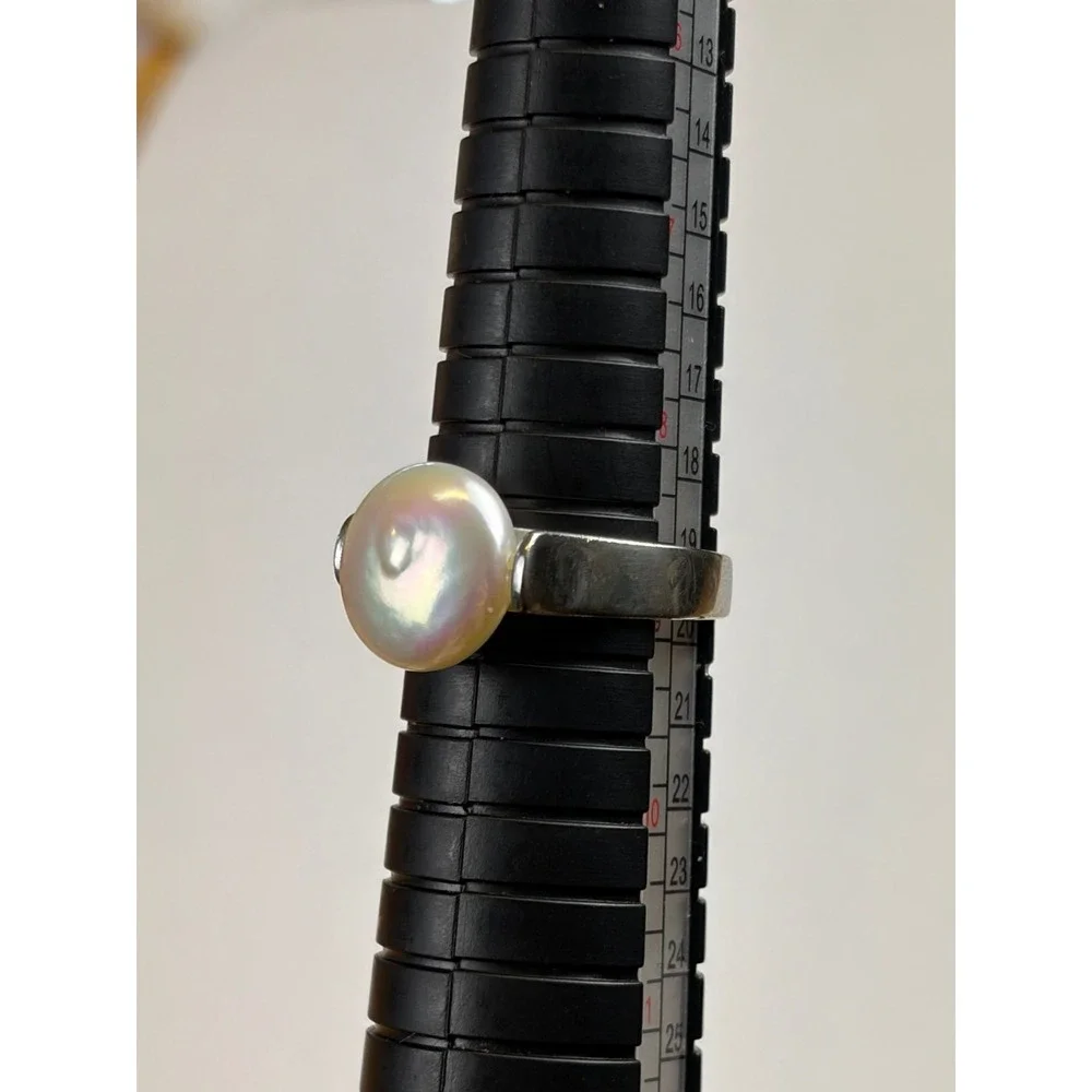 LUC Pearl Ring Sz 8.5 Silver 925 Sterling Iridescent Modernist Solitaire Lucoral